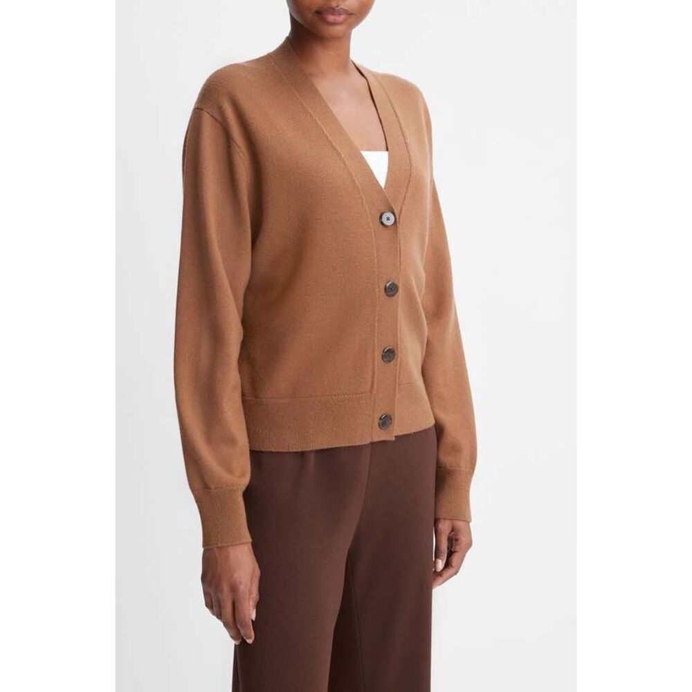 Vince Wool + Cashmere V-Neck Knit High Button Cardigan in Mink Brown Size M